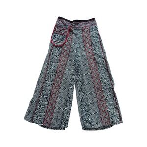 Thai Tribal Pants Cotton Elastic Pocket Cropped Wide Leg One Size